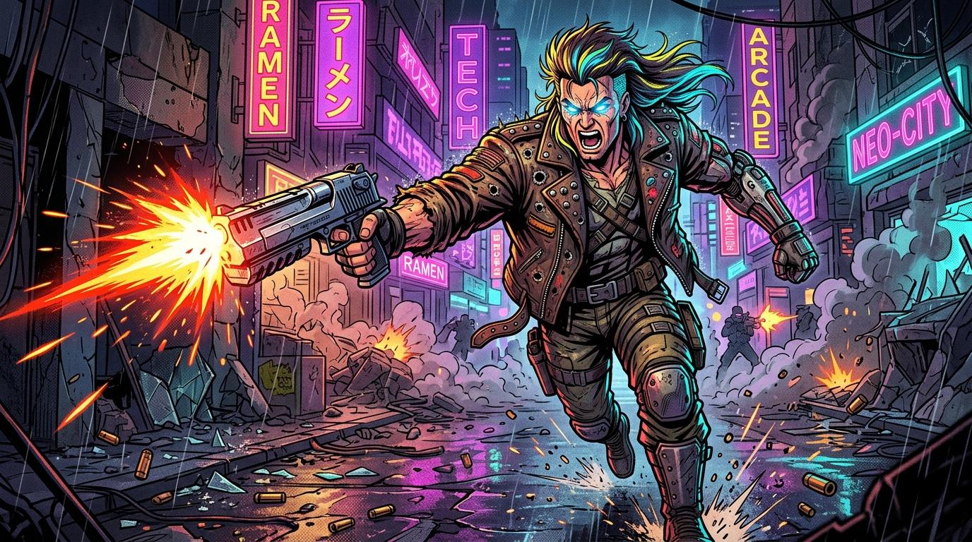 Homme armé tirant dans une ville futuriste néon violette