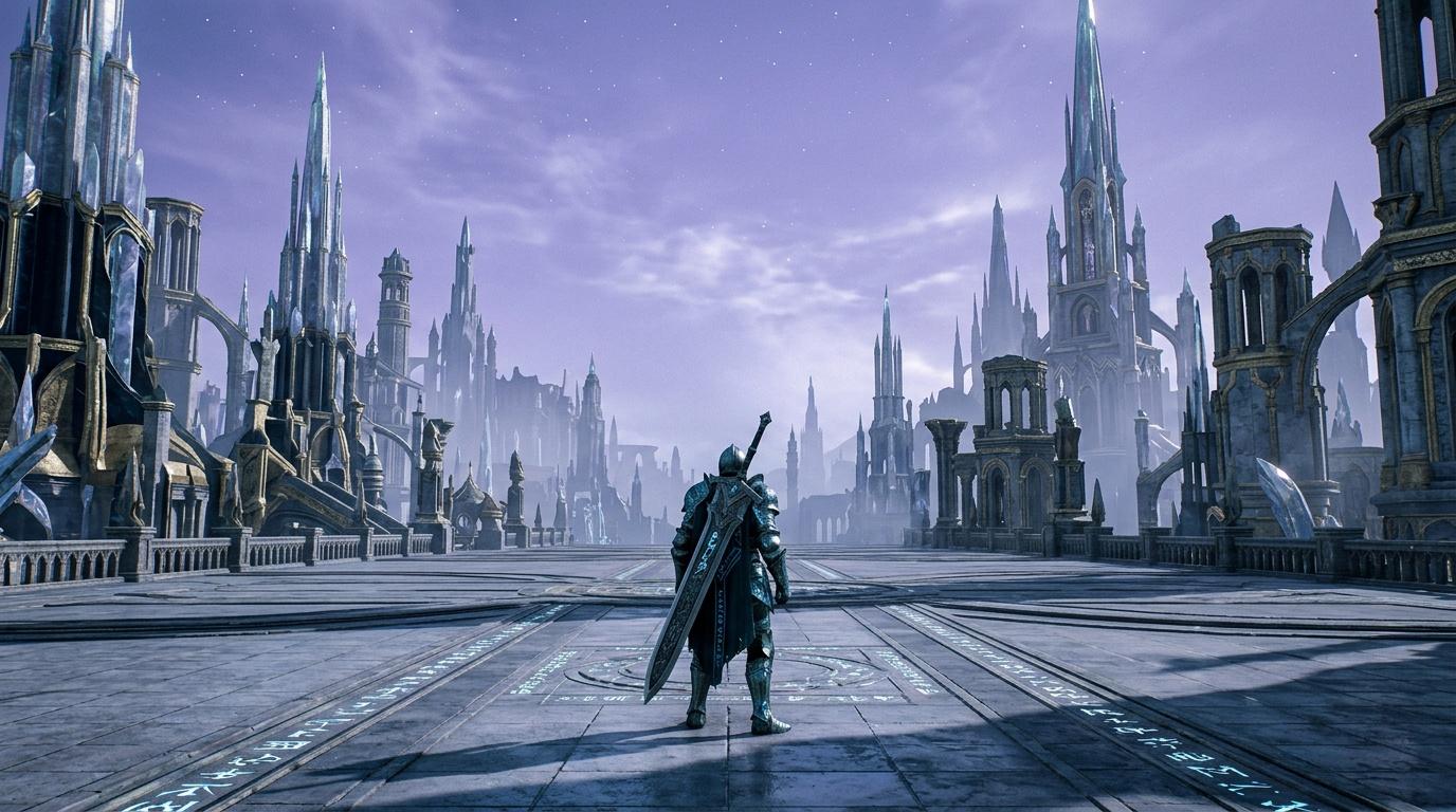 Chevalier arm&eacute; dans une ville futuriste aux tours gothiques