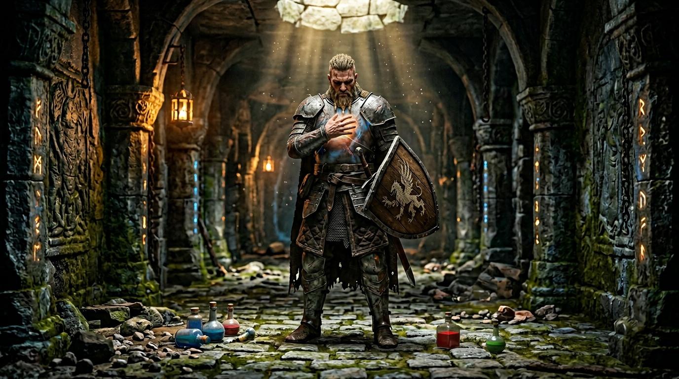 Guerrier en armure m&eacute;di&eacute;vale dans un couloir souterrain ancien