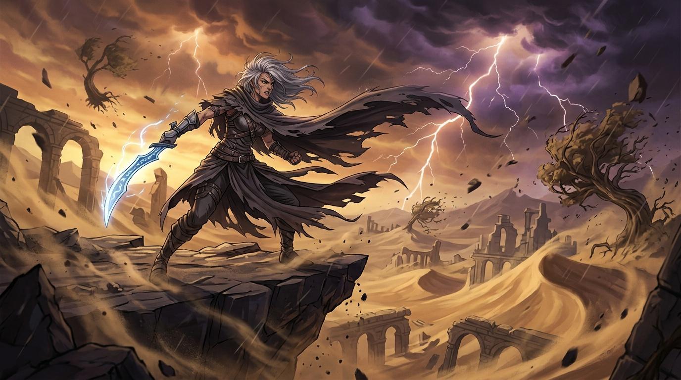 Guerrier aux cheveux blancs maniant une épée électrique bleue