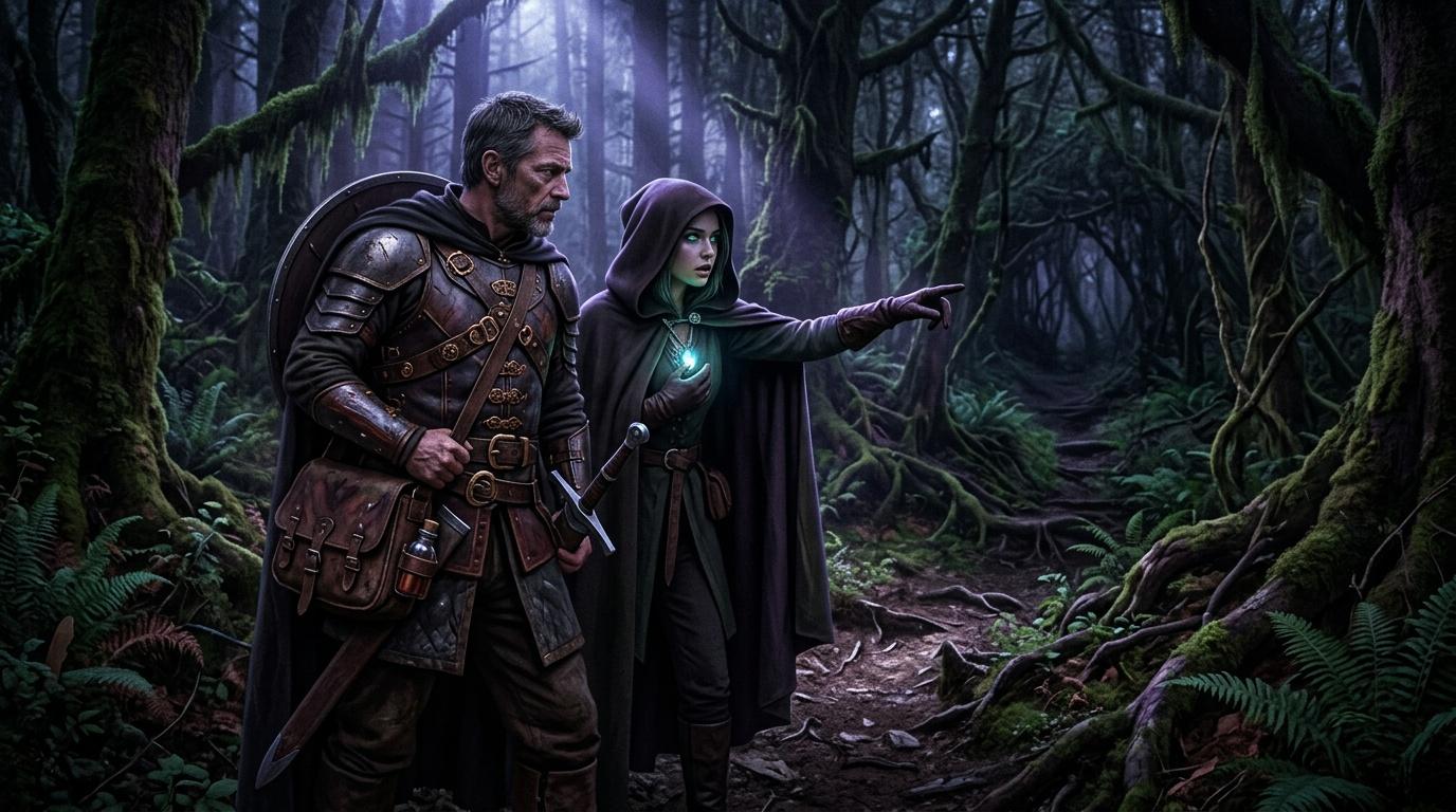 Guerrier arm&eacute; et magicienne pointant dans for&ecirc;t mystique