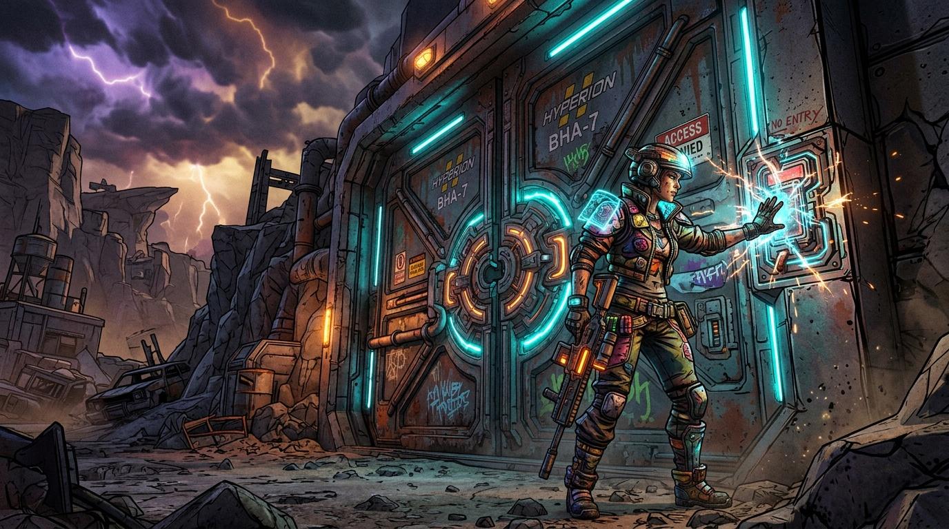 Soldat armé devant porte technologique illuminée, tempête électrique