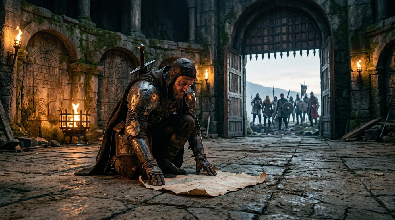 Chevalier arm&eacute; agenouill&eacute; dans ch&acirc;teau m&eacute;di&eacute;val antique