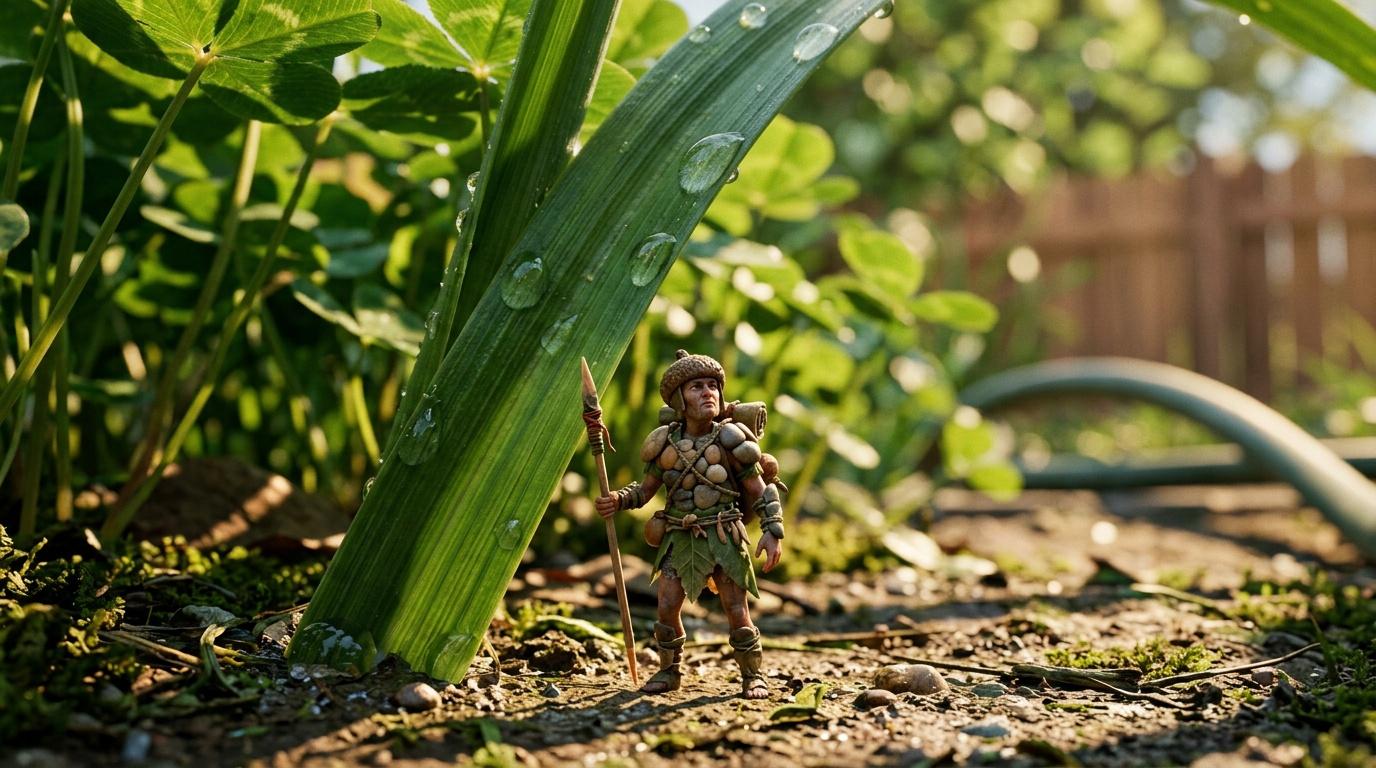 Figurine de guerrier fantasy pos&eacute;e sur terre parmi les plantes vertes