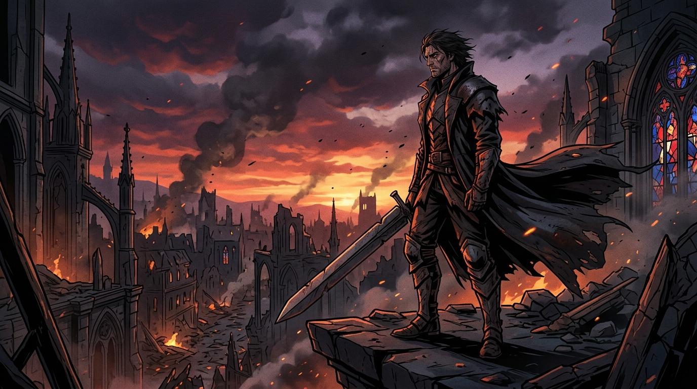 Guerrier avec &eacute;p&eacute;e dominante ruines m&eacute;di&eacute;vales incendi&eacute;es