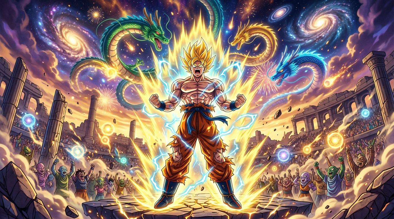 Personnage anime transformé en Super Saiyan avec dragons cosmiques brillants