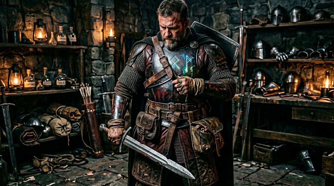 Homme barbu en armure viking tenant une &eacute;p&eacute;e