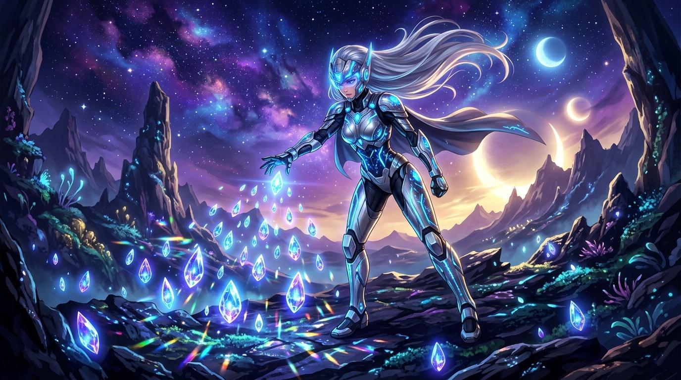 Femme armure futuriste entourée cristaux lumineux bleus