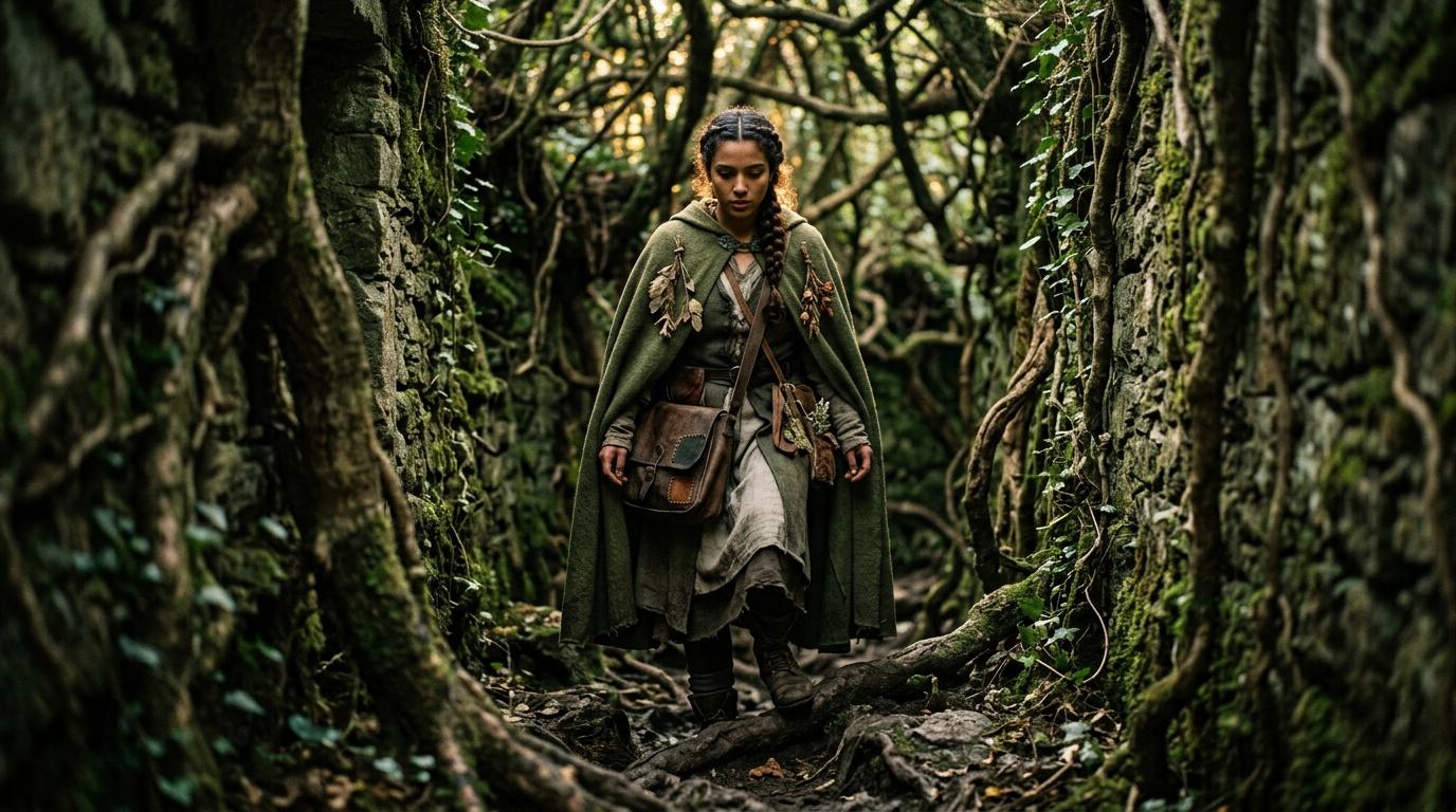 Femme v&ecirc;tue de vert traversant une for&ecirc;t myst&eacute;rieuse et luxuriante