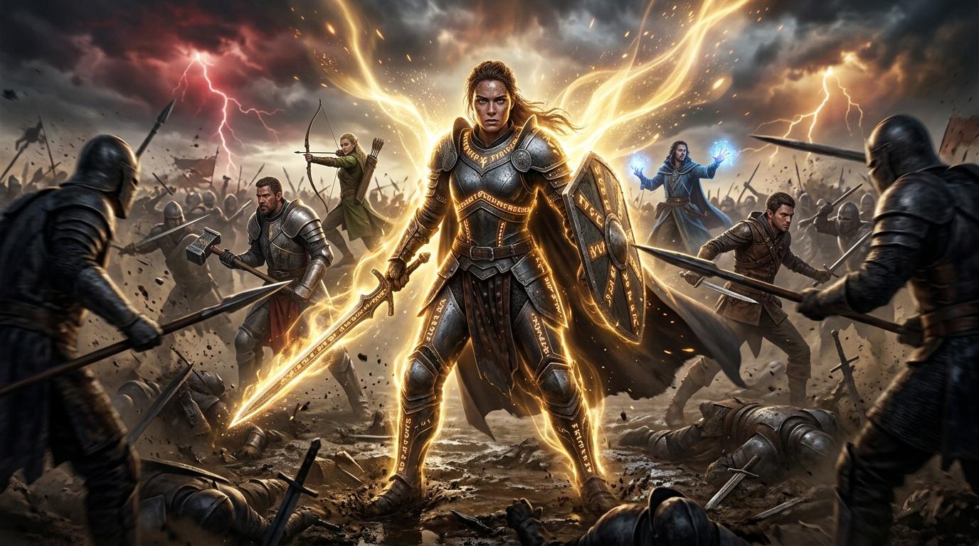 Femme guerri&egrave;re aur&eacute;ol&eacute;e dor&eacute;e combattant arm&eacute;e ennemie