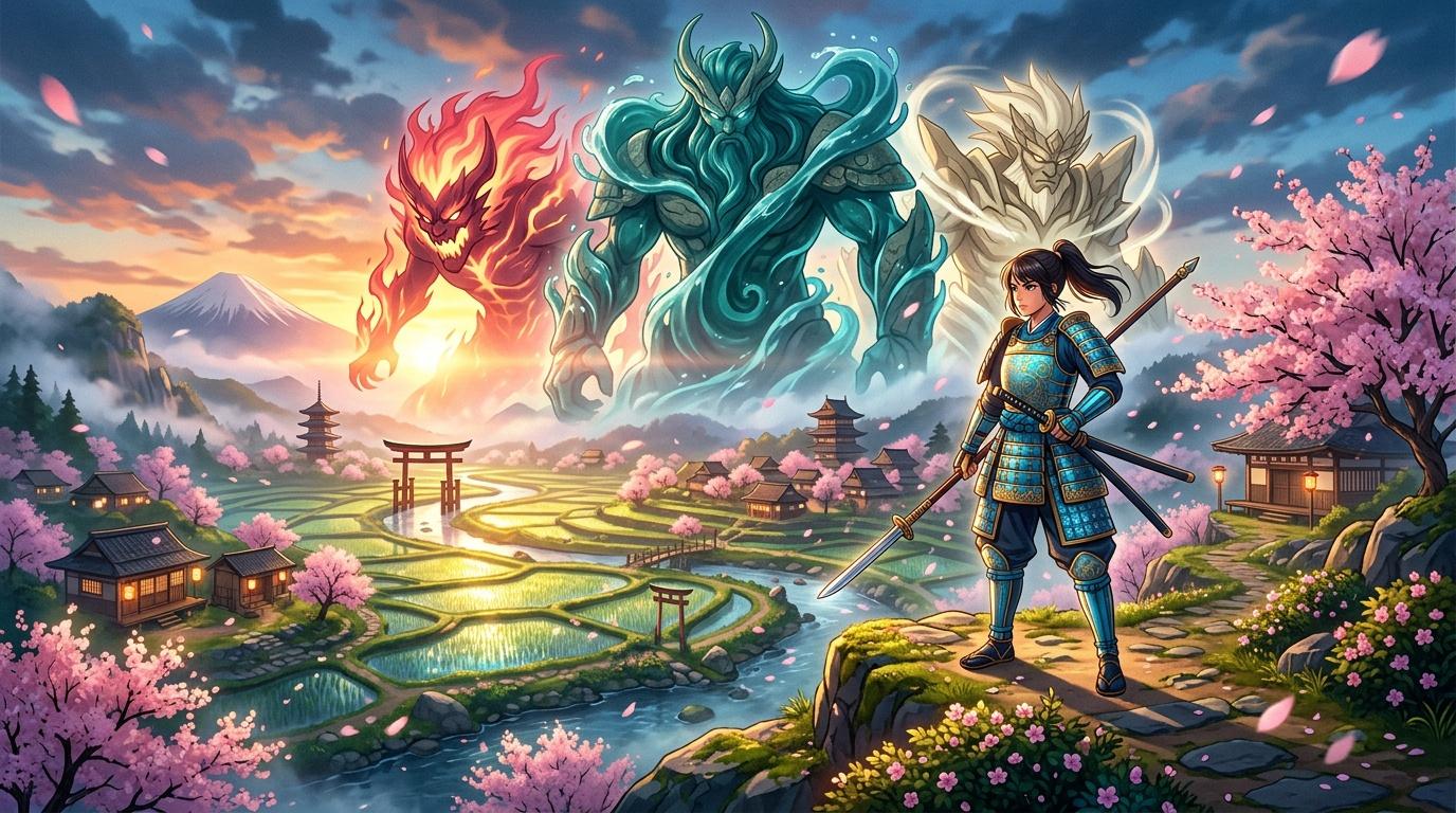 Femme guerrière armée face à trois esprits élémentaires dans un paysage asiatique fleuri