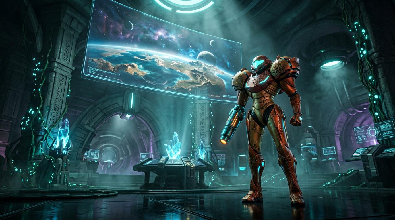 Combattante en armure rouge observant planète depuis station