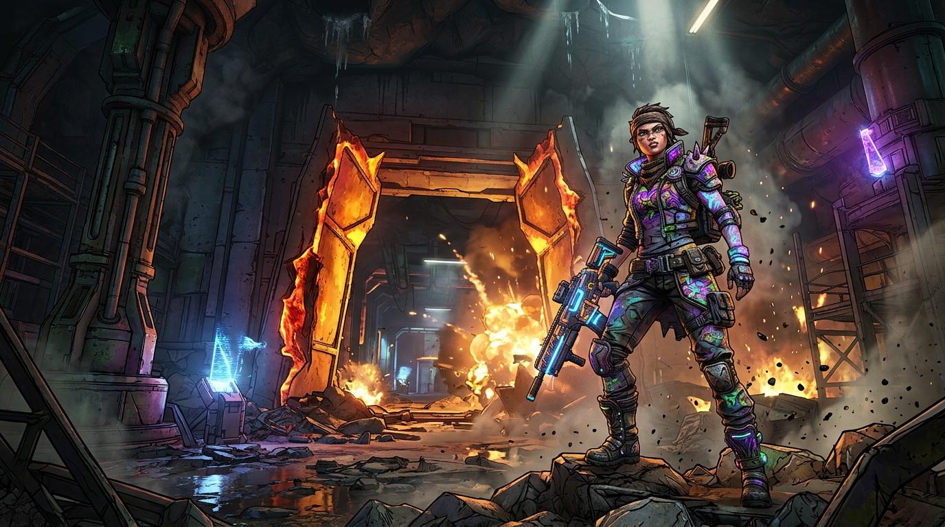 Soldate cyborg armée devant portail en flammes