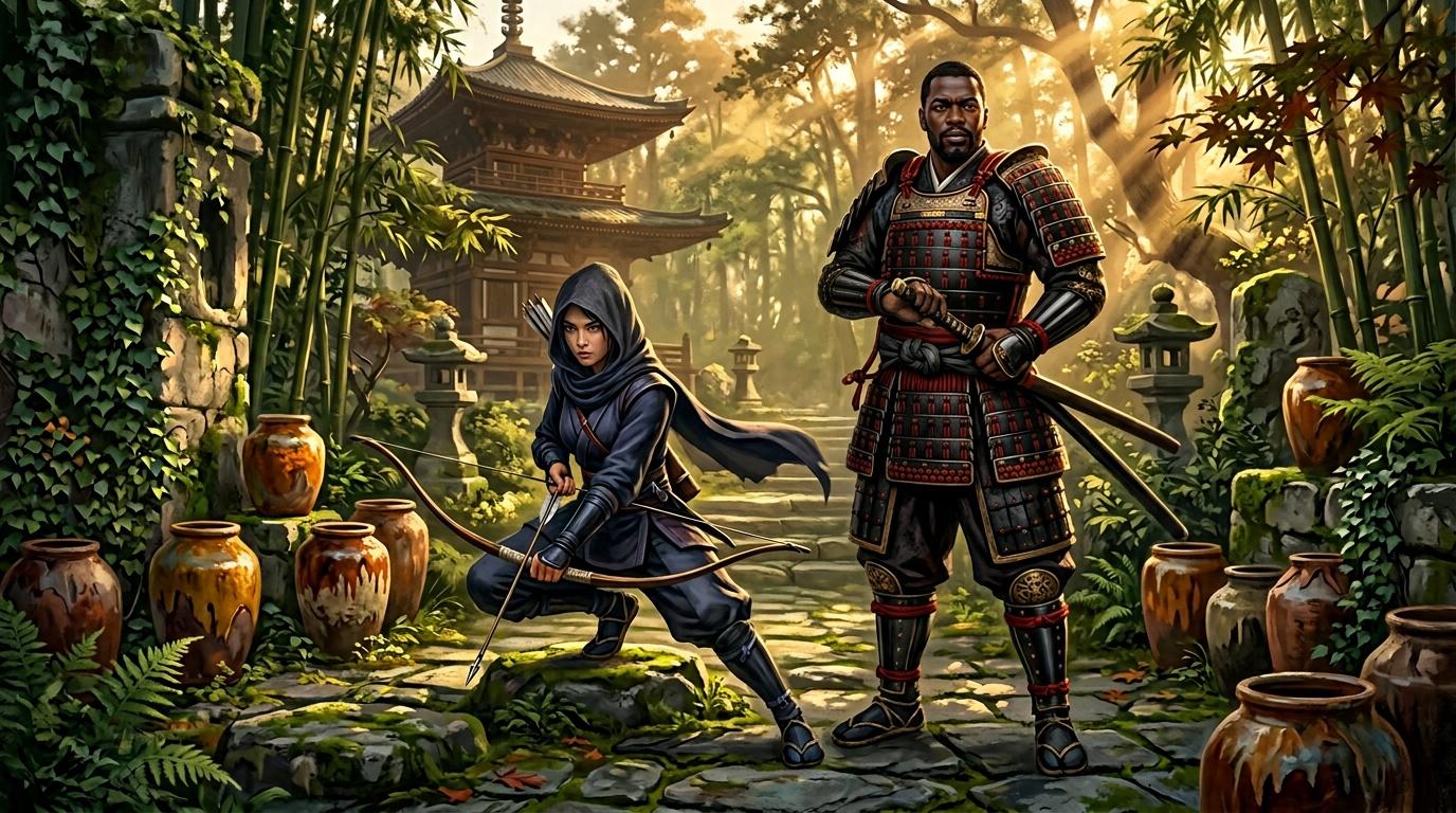 Deux guerriers ninja dans un jardin de bambou asiatique