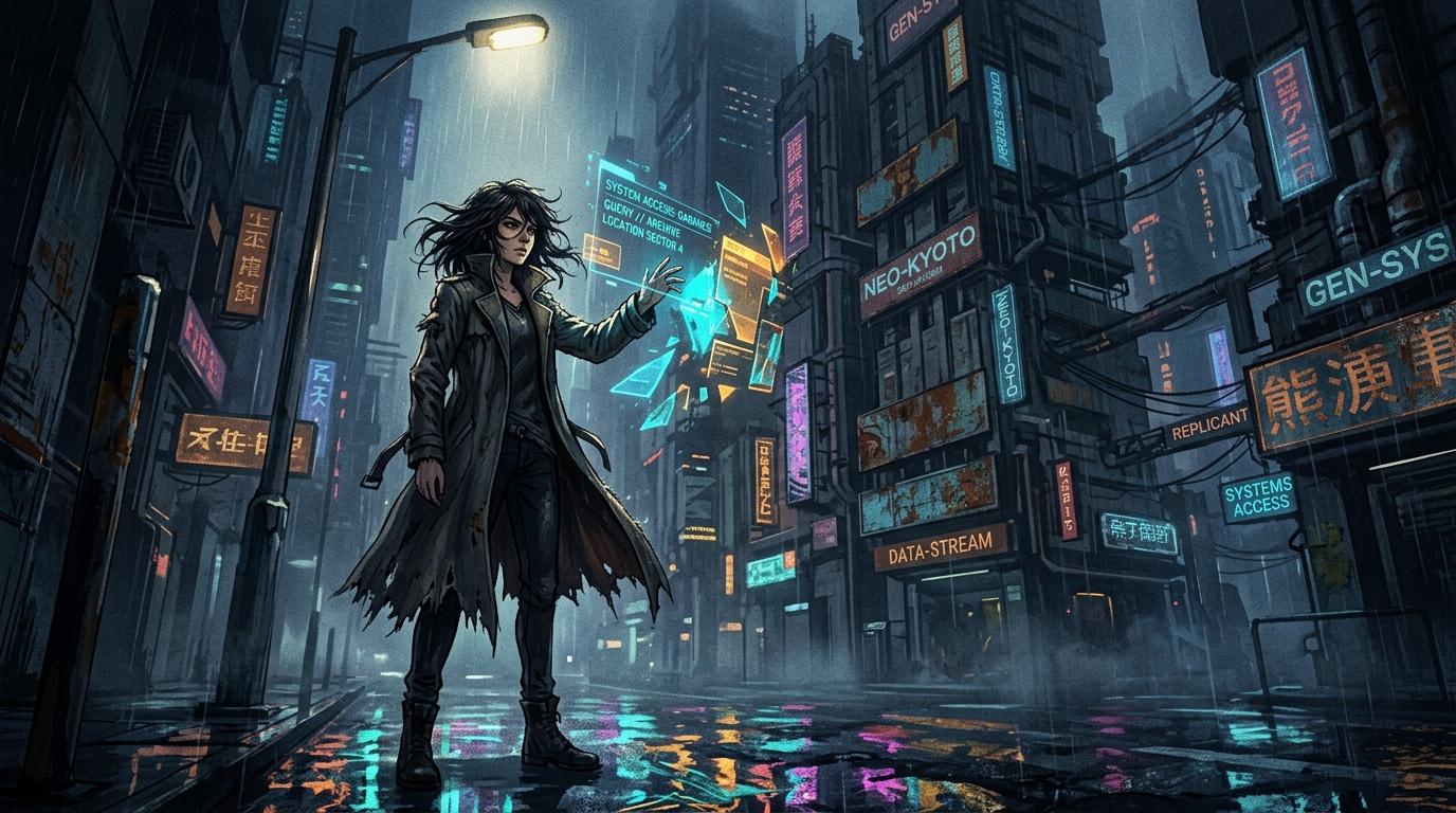 Femme hacker manipulant donn&eacute;es holographiques en ville futuriste