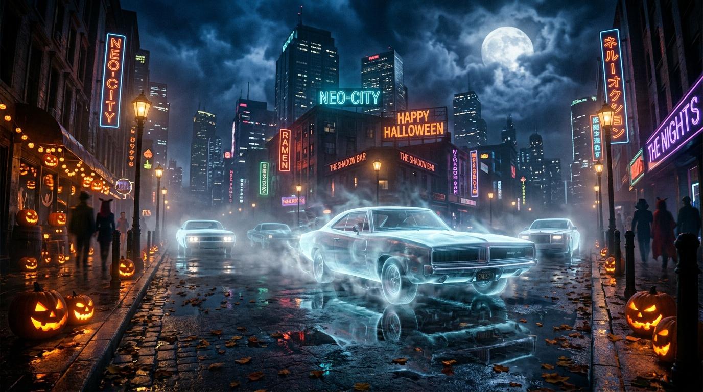 Voiture holographique illuminée dans rue Halloween néon futuriste