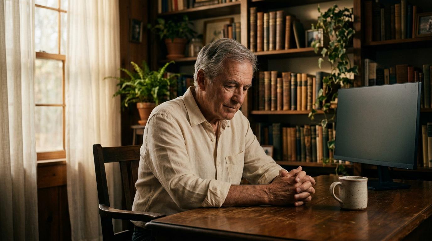 Homme &acirc;g&eacute; assis devant ordinateur dans biblioth&egrave;que