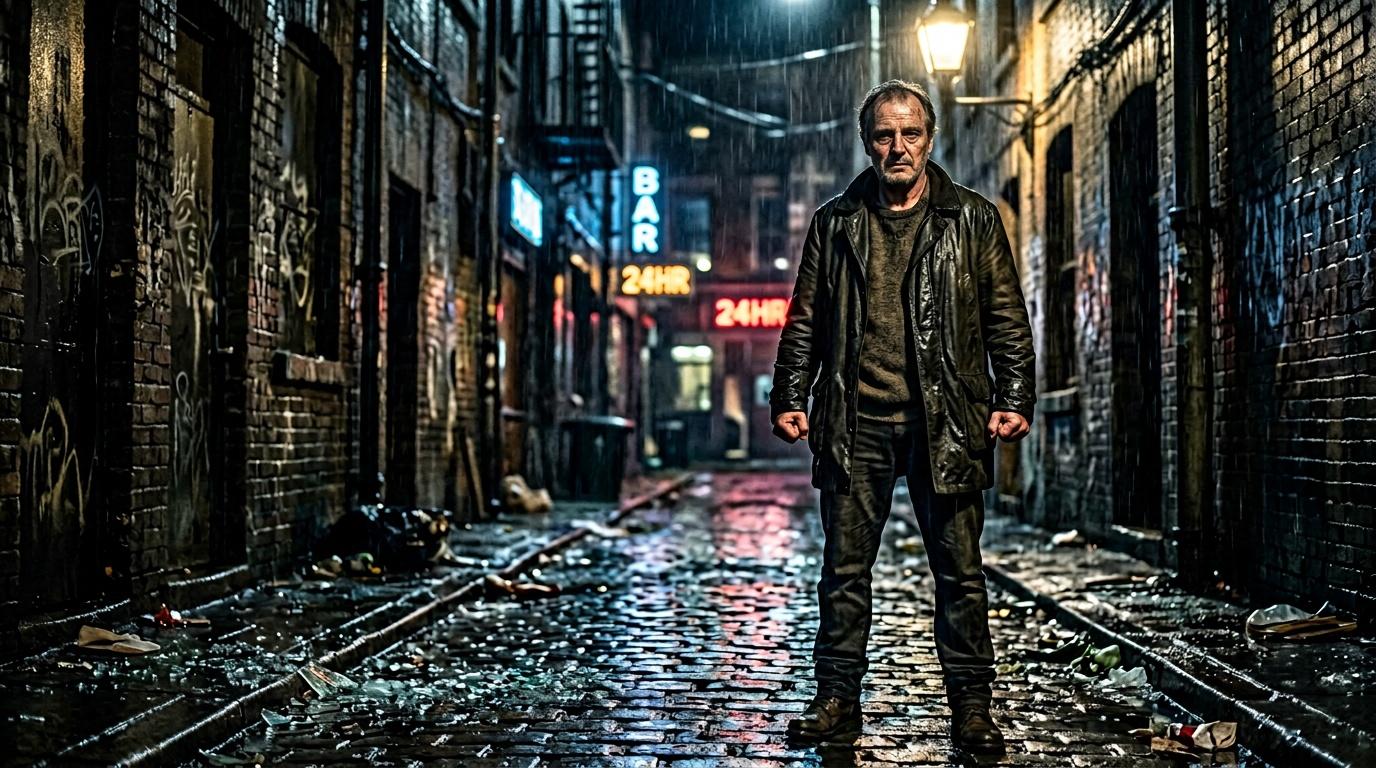 Homme debout dans une ruelle mouill&eacute;e la nuit