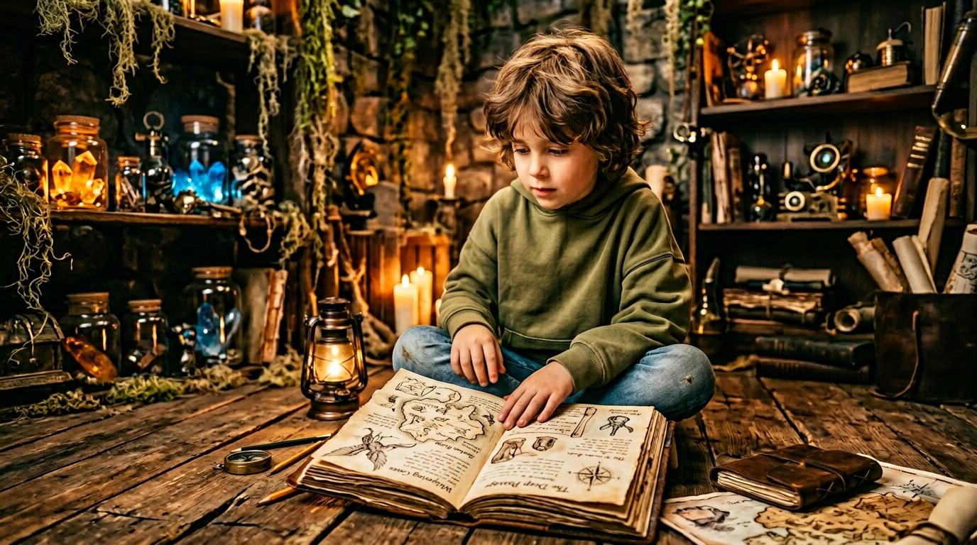 Enfant lisant un livre ancien dans une pi&egrave;ce myst&eacute;rieuse