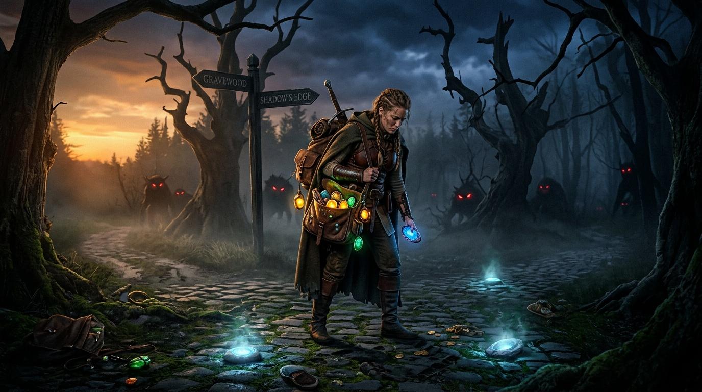 Aventurier avec potions magiques dans for&ecirc;t myst&eacute;rieuse sombre