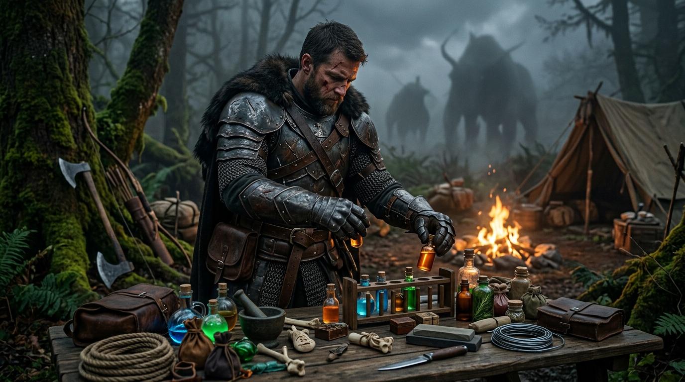 Guerrier en armure préparant potions magiques au camp
