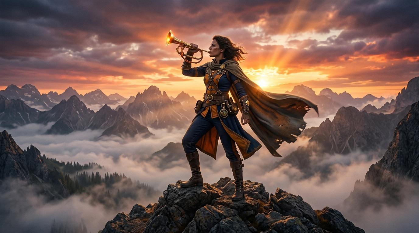 Femme guerrière en armure jouant de la trompette sur une montagne