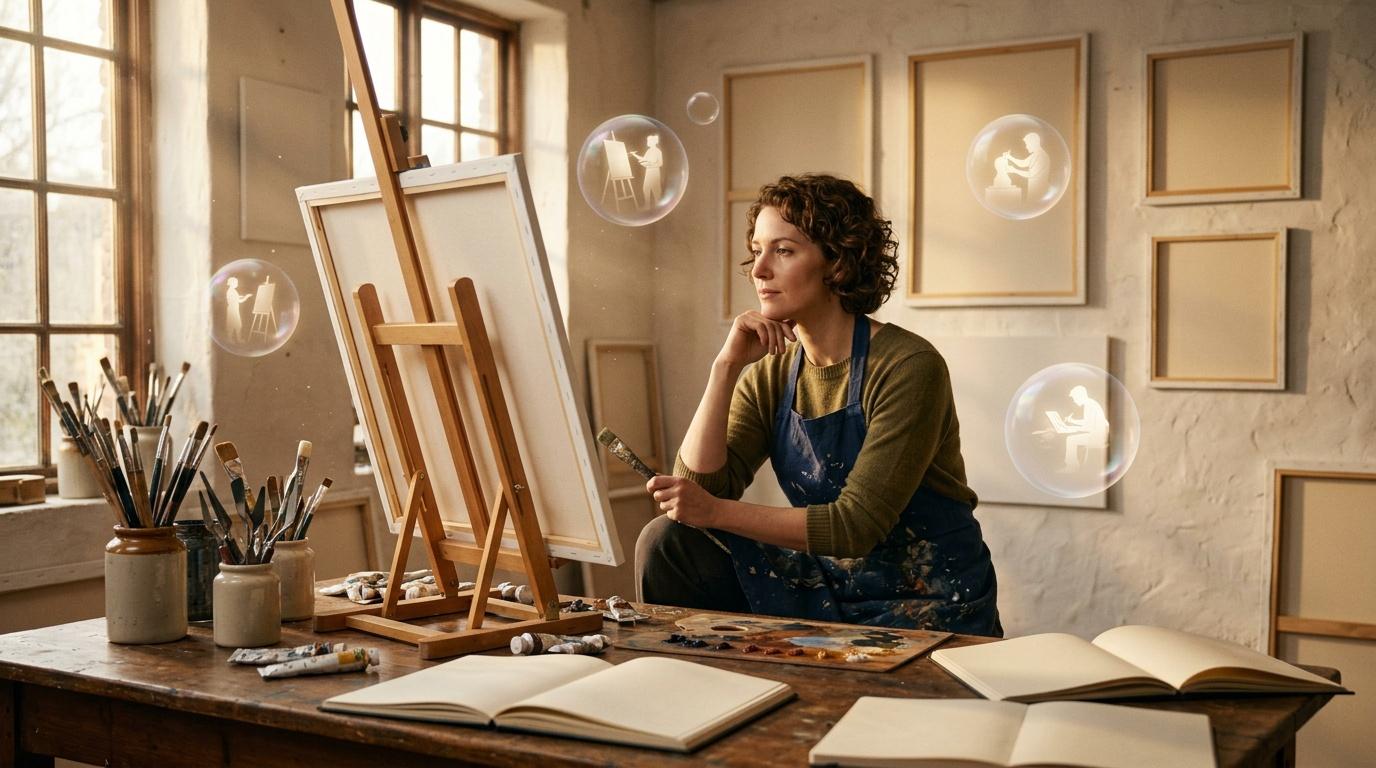 Artiste pensive dans un studio avec toiles et pinceaux.