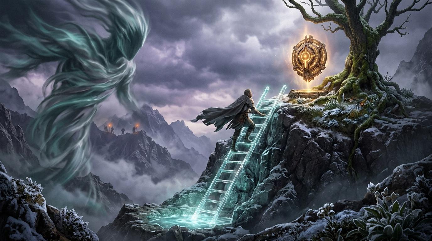 Guerrier montant escalier lumineux vers artefact dor&eacute; magique