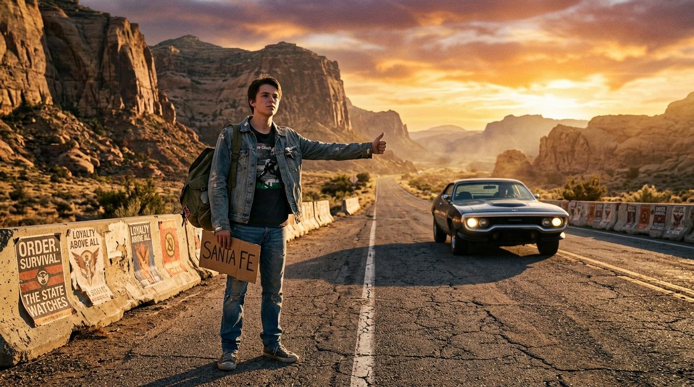 Jeune homme en autostop sur d&eacute;sert route avec voiture vintage