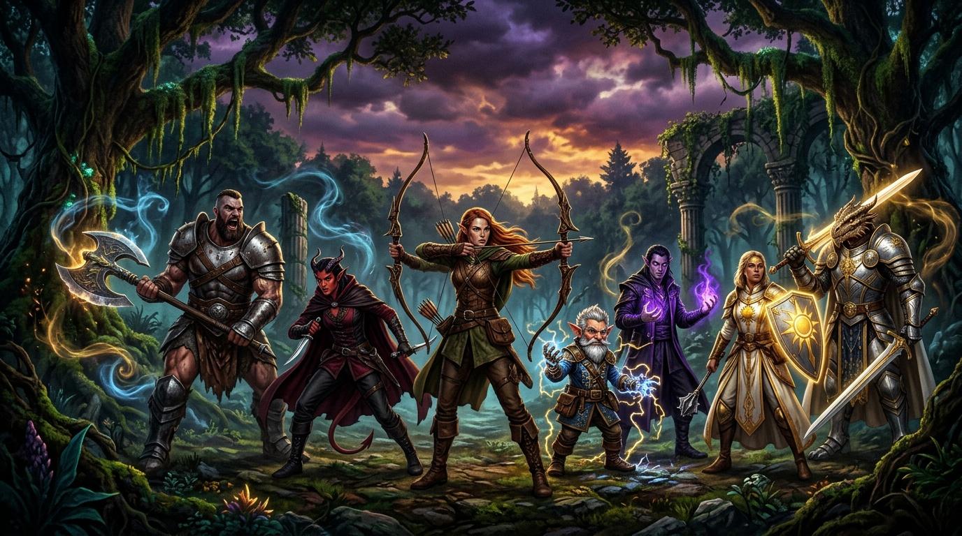 Six aventuriers fantastiques rassemblés dans une forêt mystique enchantée.