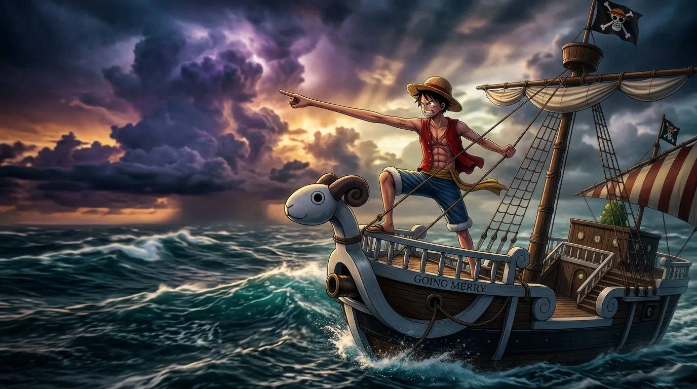 Pirate pointant vers l'horizon depuis son navire en mer