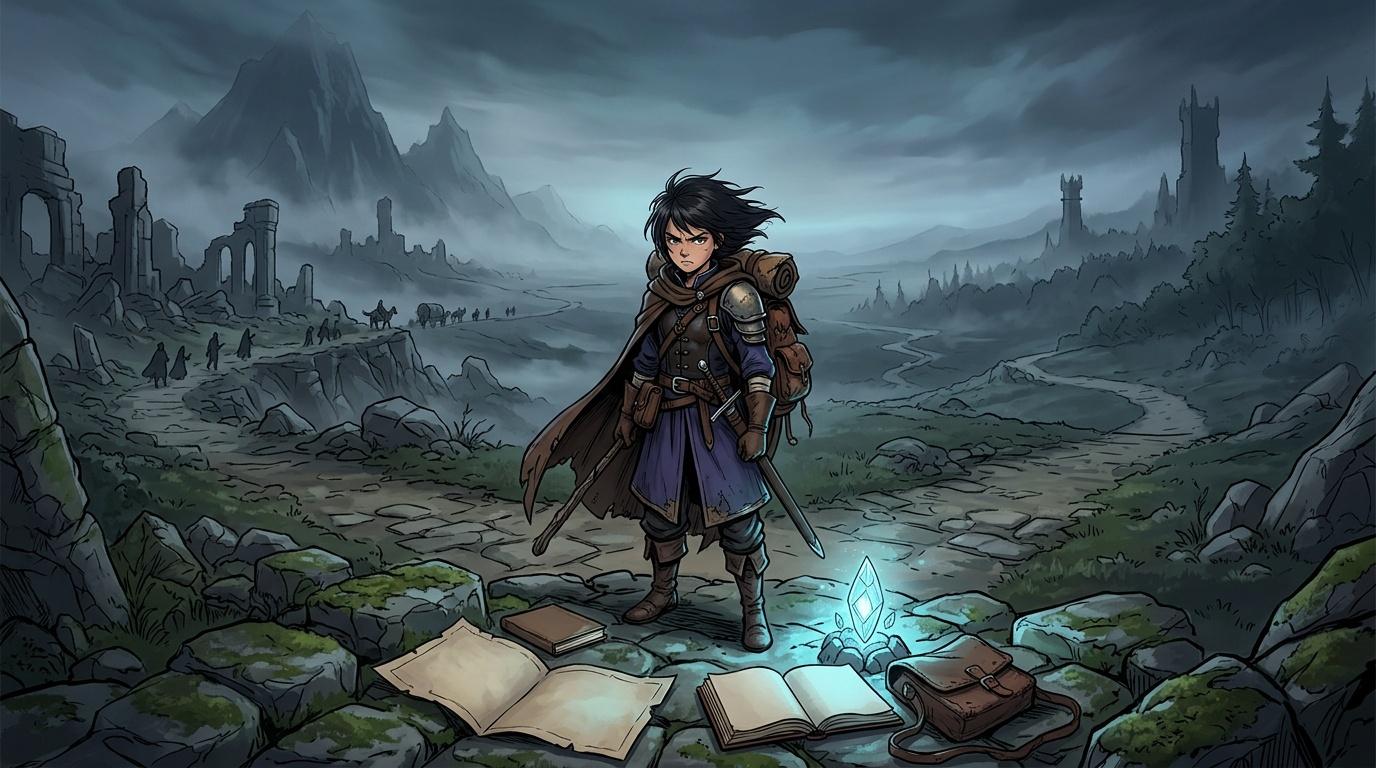 Jeune guerrier avec &eacute;p&eacute;e explore des ruines anciennes myst&eacute;rieuses