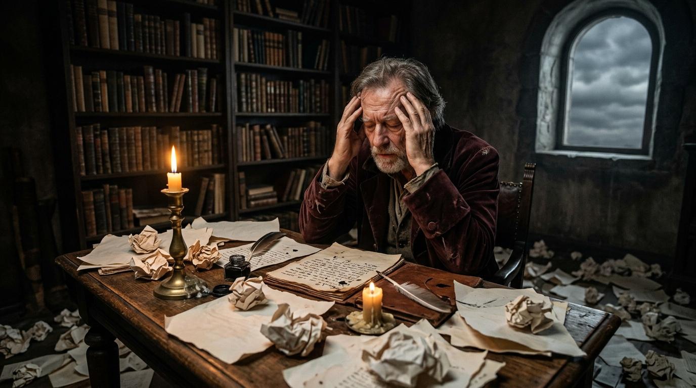 Homme &acirc;g&eacute; &eacute;crivain travaillant &agrave; son bureau dans une biblioth&egrave;que