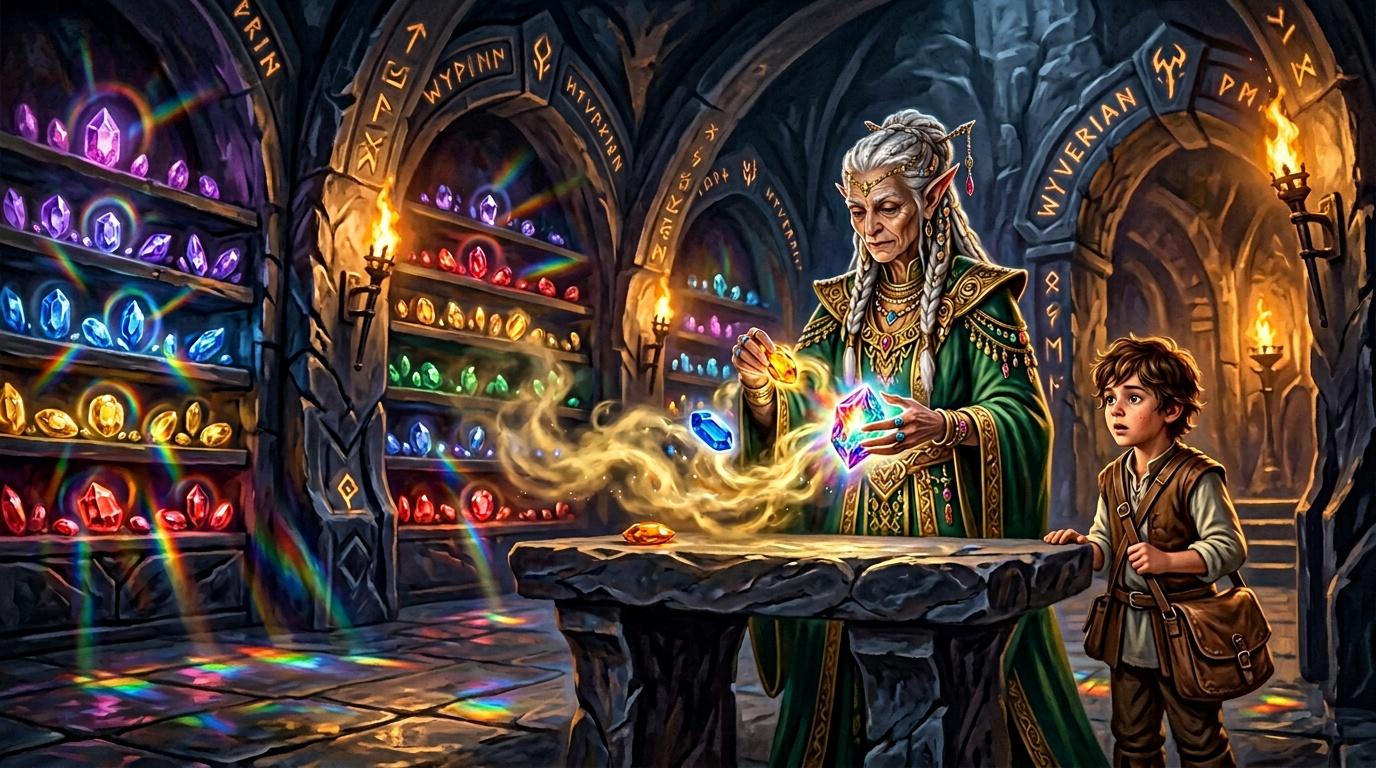 Magicien elfe pr&eacute;sentant des cristaux magiques &agrave; un jeune apprenti