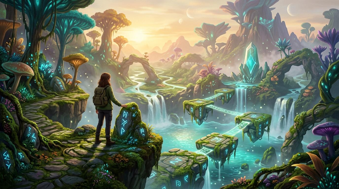 Voyageur contemplant un royaume fantastique luminescent et enchanteur