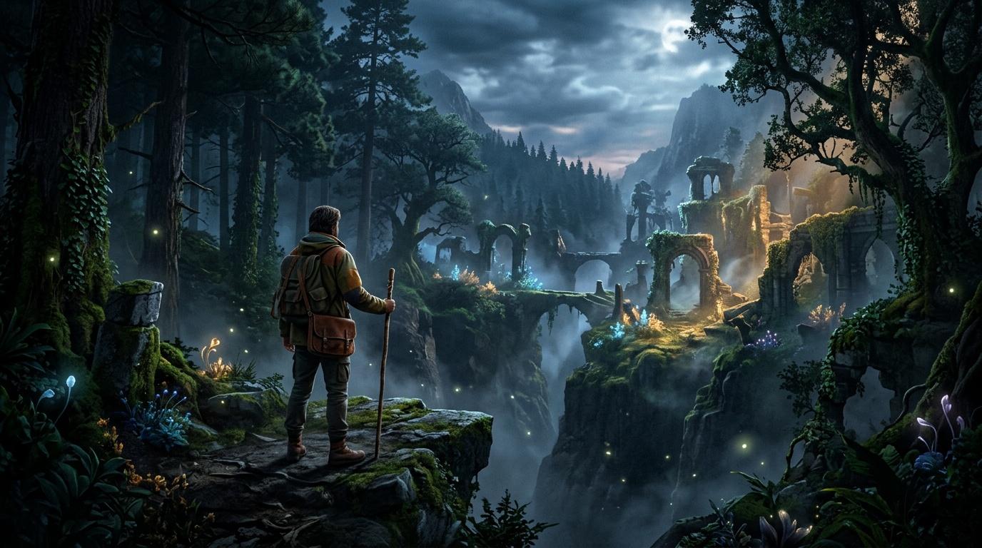 Voyageur observant des ruines anciennes dans forêt enchantée