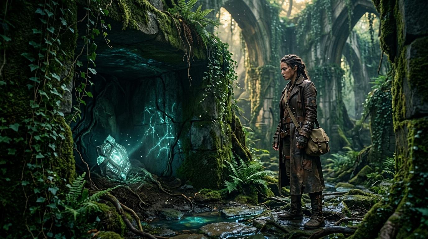 Femme aventuri&egrave;re observant un cristal luminescent dans une grotte souterraine envahie de v&eacute;g&eacute;tation