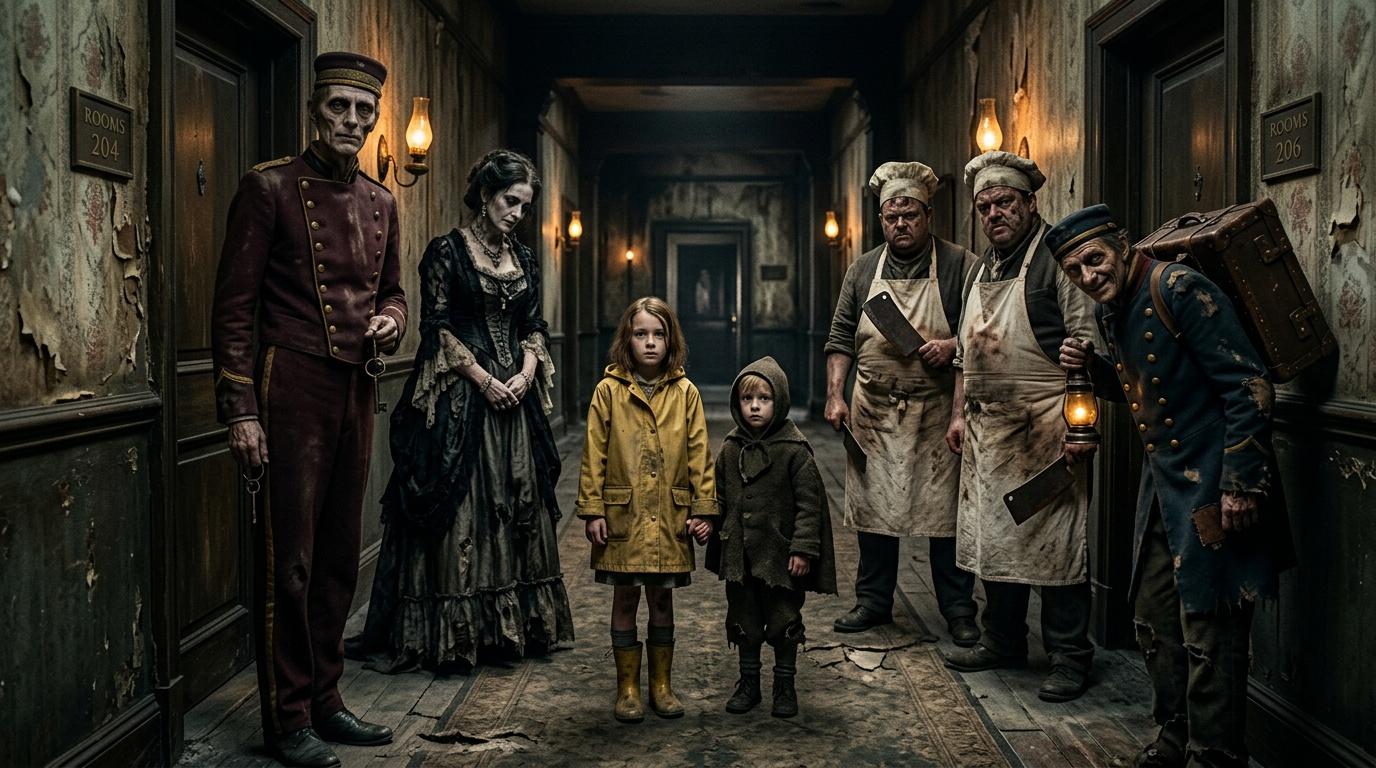 Enfants entour&eacute;s de personnages &eacute;tranges dans un couloir d'h&ocirc;tel vintage