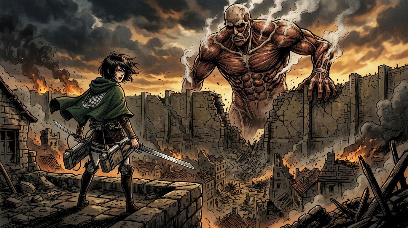 Jeune guerrier affrontant un géant colossal dans une ville détruite.