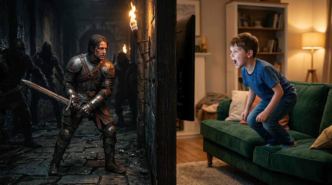 Enfant regardant un chevalier m&eacute;di&eacute;val projet&eacute; sur mur