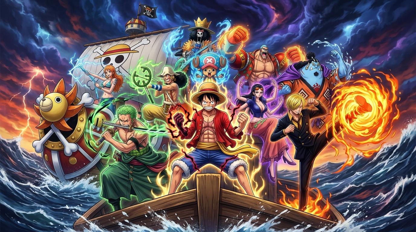 Équipage pirate avec pouvoirs élémentaires sur bateau en tempête