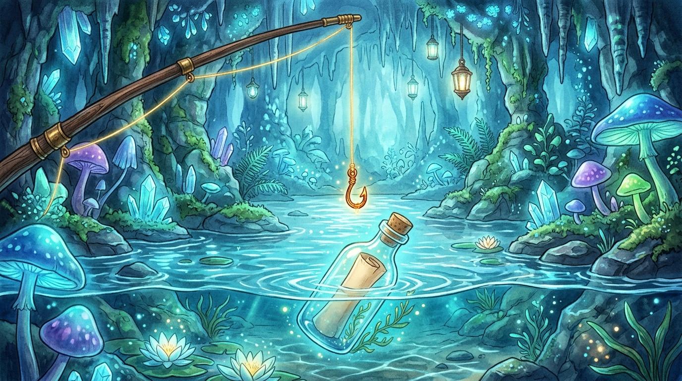 Canne &agrave; p&ecirc;che magique attrapant une bouteille dans une grotte souterraine lumineuse