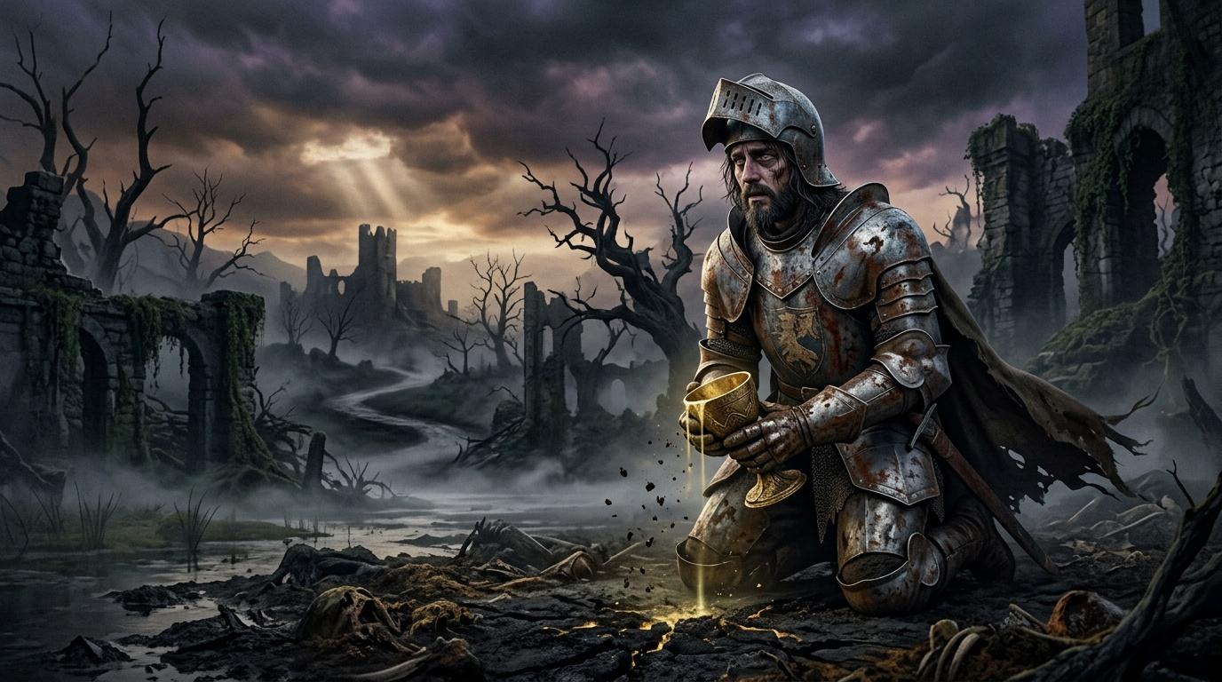 Guerrier médiéval armé dans paysage ruiné et brumeux