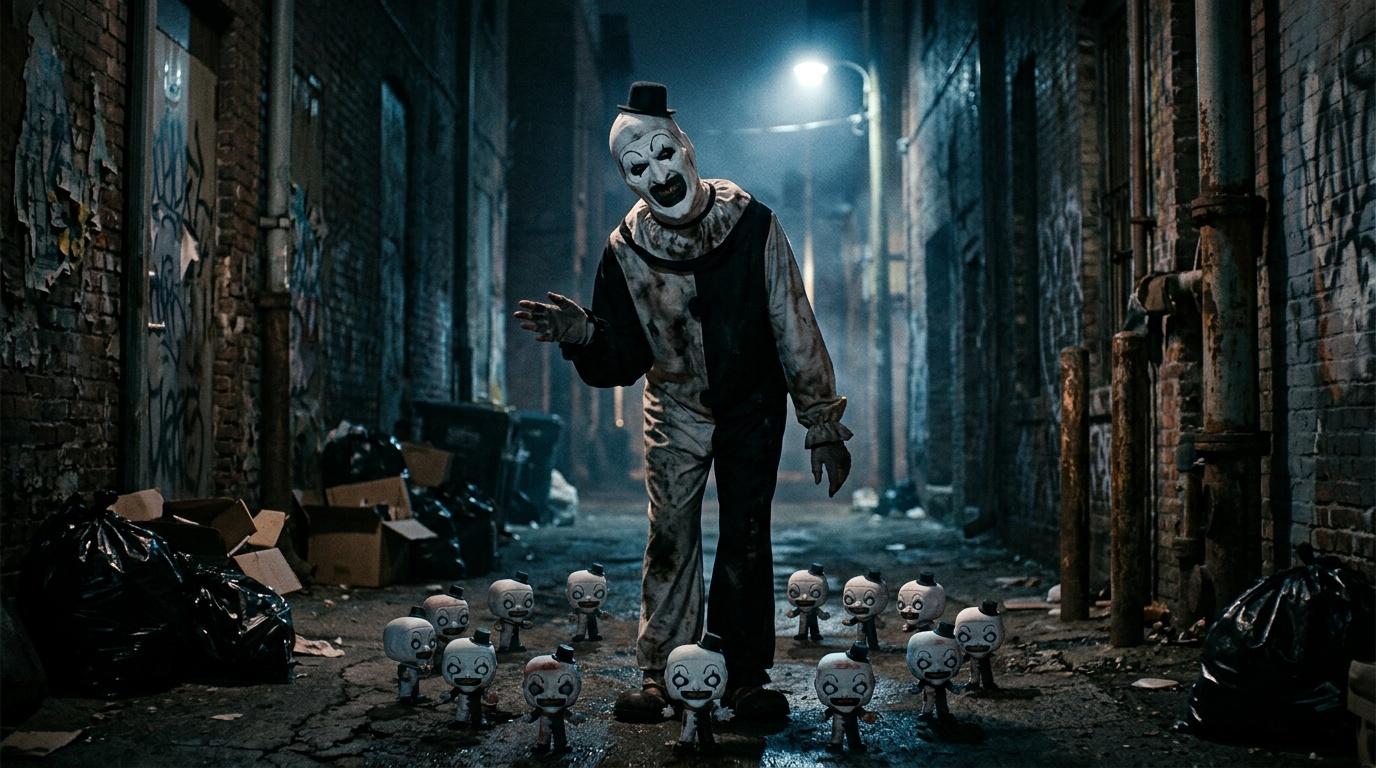 Clown sinistre entouré de petites figurines dans une ruelle sombre