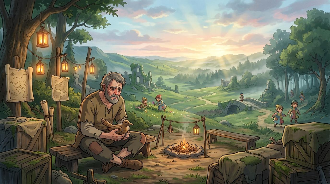 Homme assis pr&egrave;s d'un feu, vall&eacute;e verdoyante en arri&egrave;re-plan