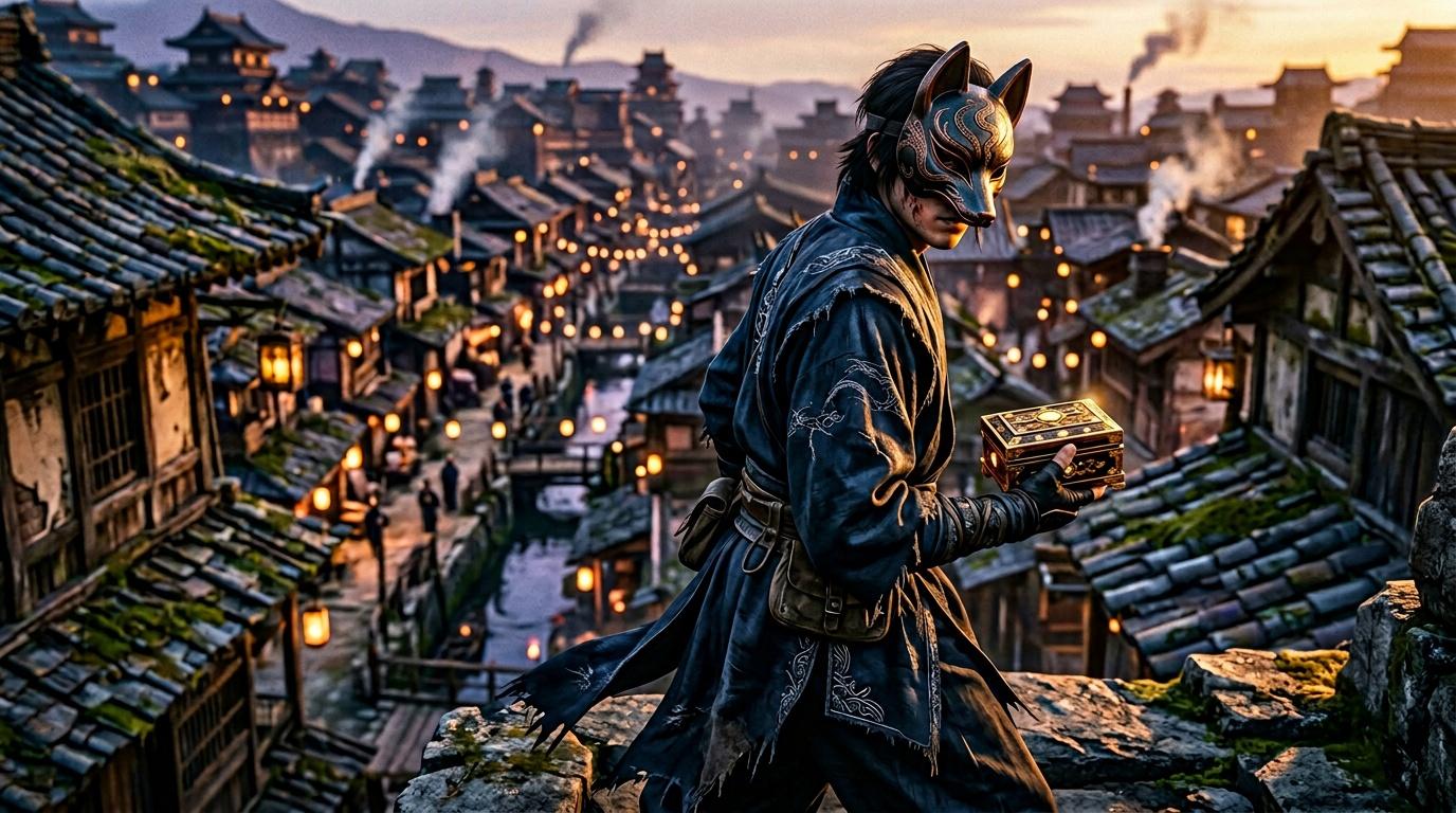 Cr&eacute;ature masqu&eacute;e tenant un coffre dor&eacute; dans cit&eacute; asiatique illumin&eacute;e