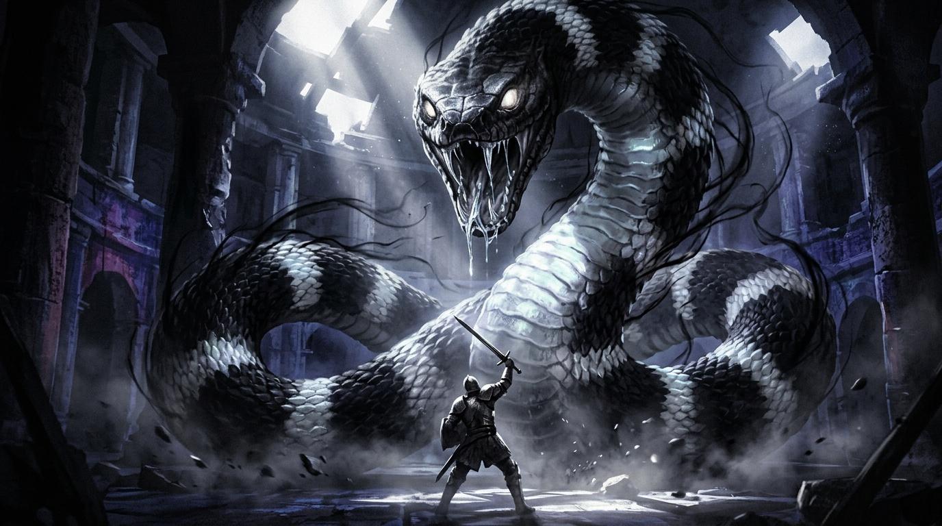 Guerrier armé face à un dragon monstrueux dans ruines sombres