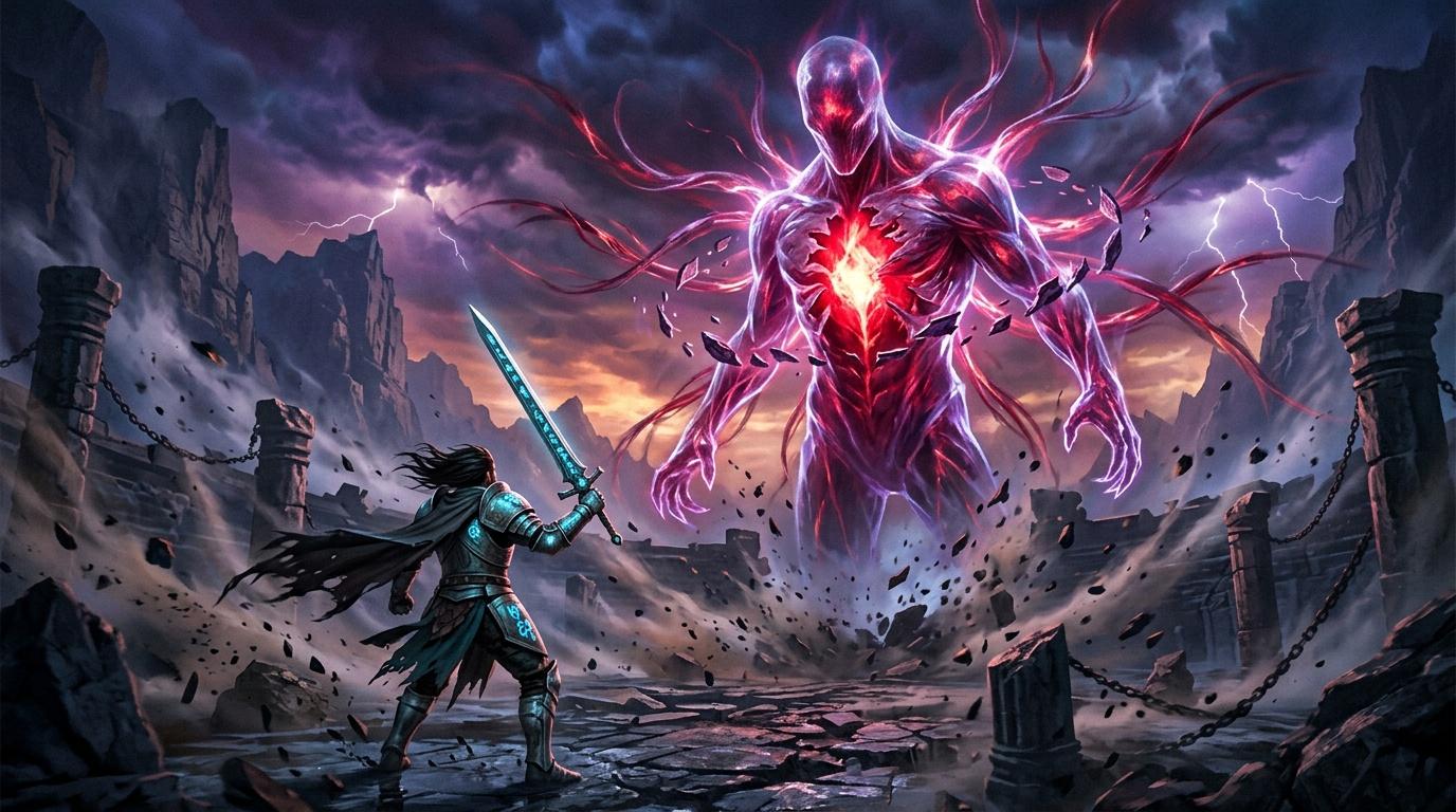 Guerrier armé face à créature magique brillante dans ruines