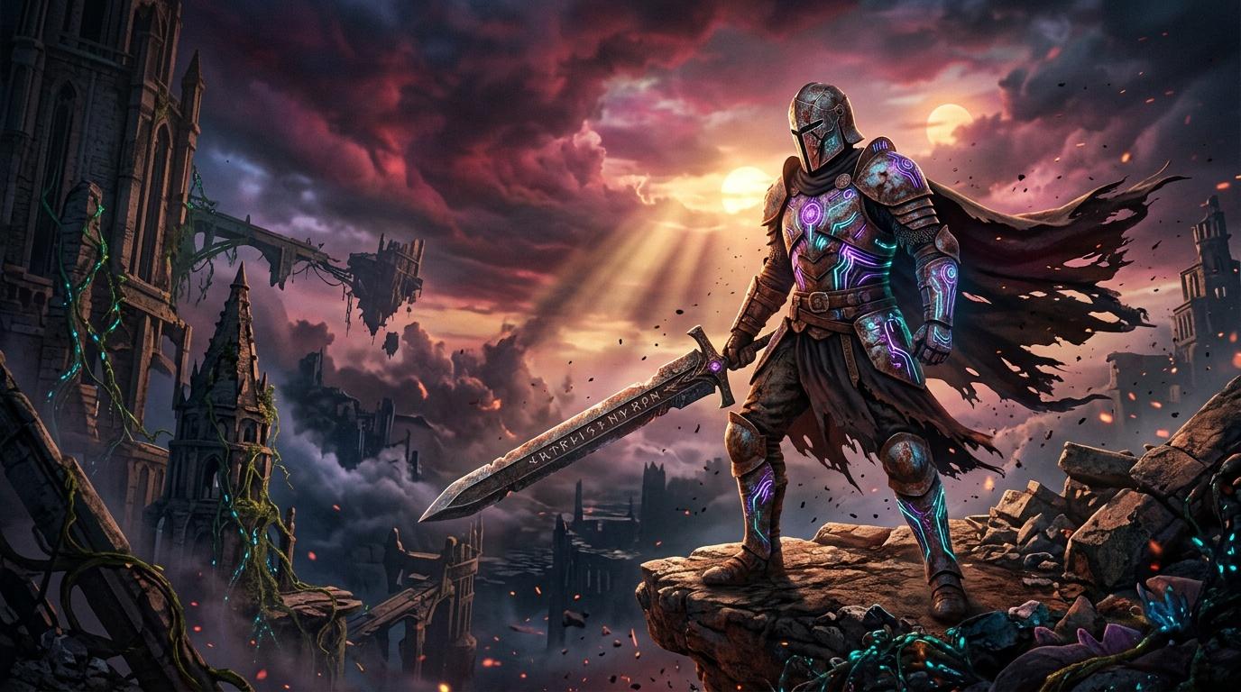 Guerrier armé en armure technologique futuriste surplombant ruines