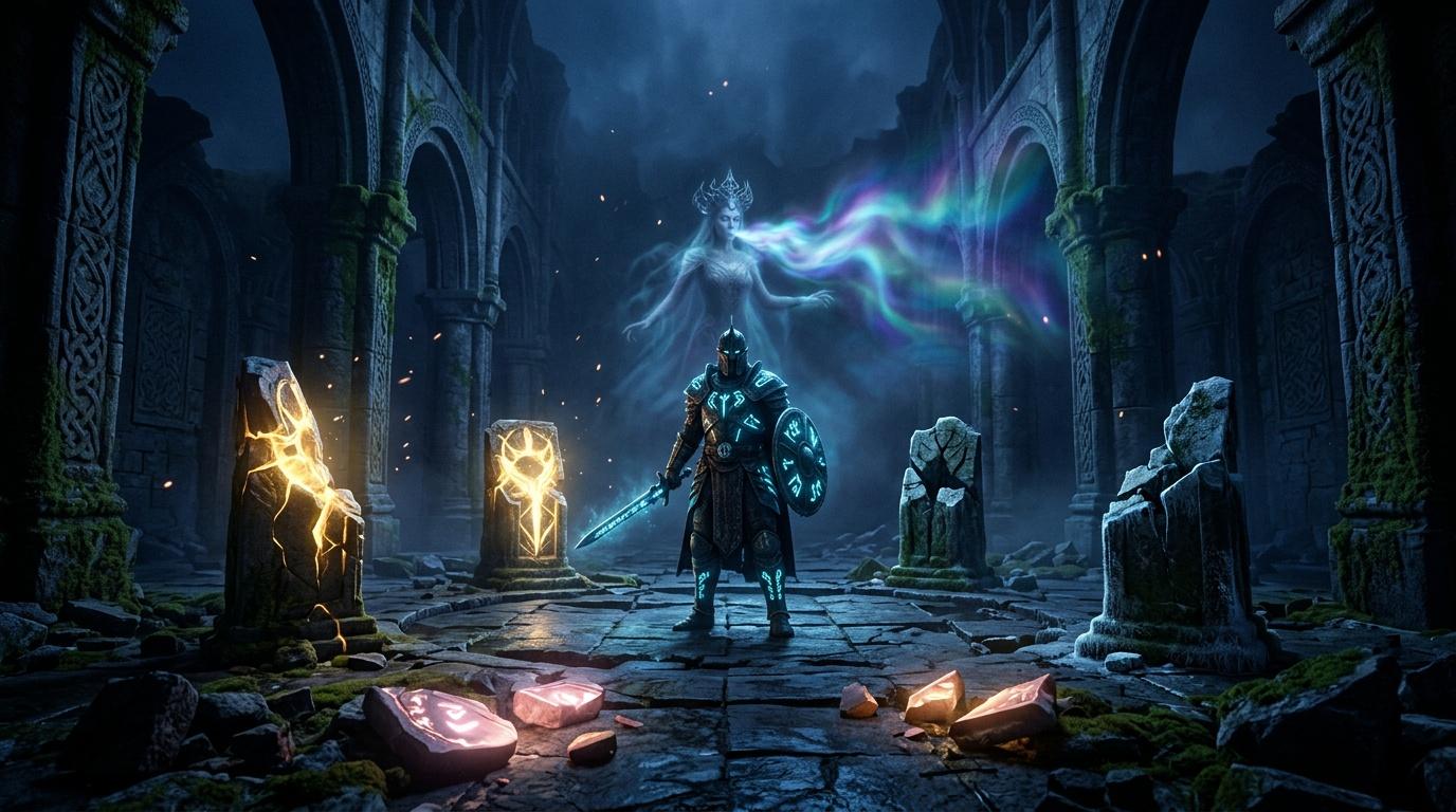 Guerrier arm&eacute; face &agrave; une reine magique dans un temple ancien.